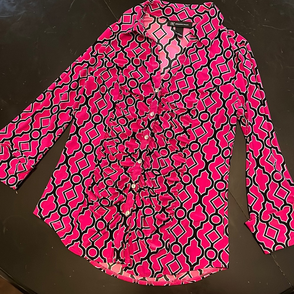 INC 3/4 sleeve blouse. Size M. Lightly worn. Rhinestone buttons. Polyester.